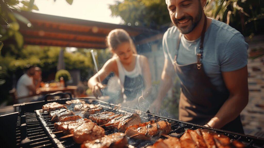 familie grillt gemeinsam im garten auf der terrasse bei sommerlichem wetter