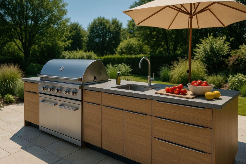 moderne outdoor kueche mit edelstahlgrill spuele und integriertem gartenschrank auf der terrasse