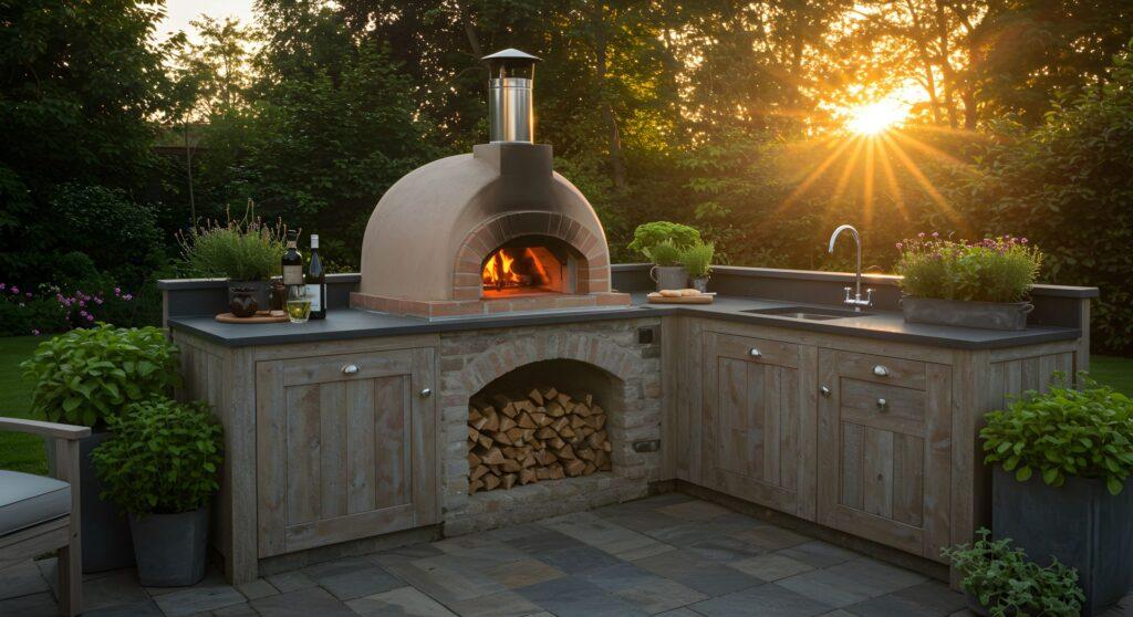 outdoor kueche mit pizzaofen und wetterfestem holzschrank im garten bei sonnenuntergang