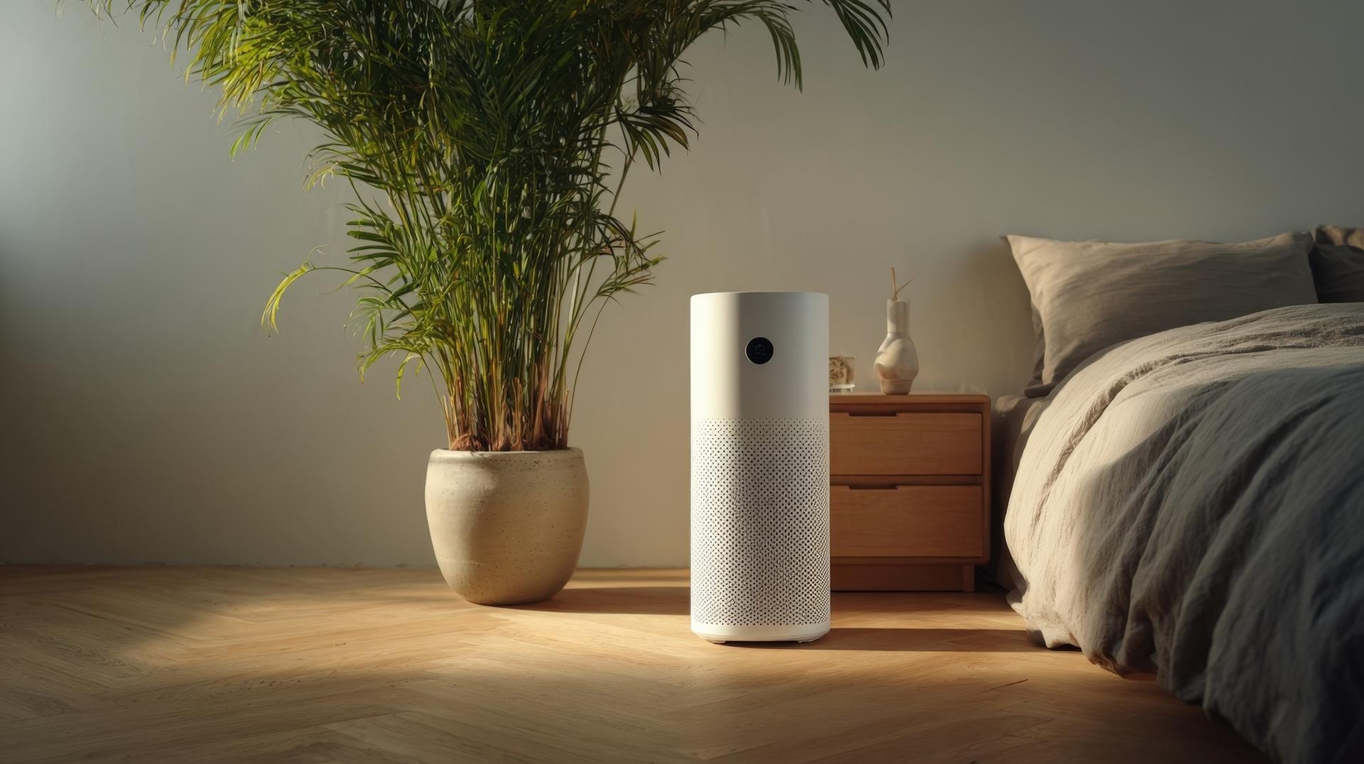 Schlafzimmer mit grosser Pflanze und Luftreiniger | Mooswand